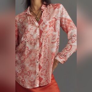 Pilcro x Anthropologie ROMY M Orange Peach White Floral Print Button Blouse